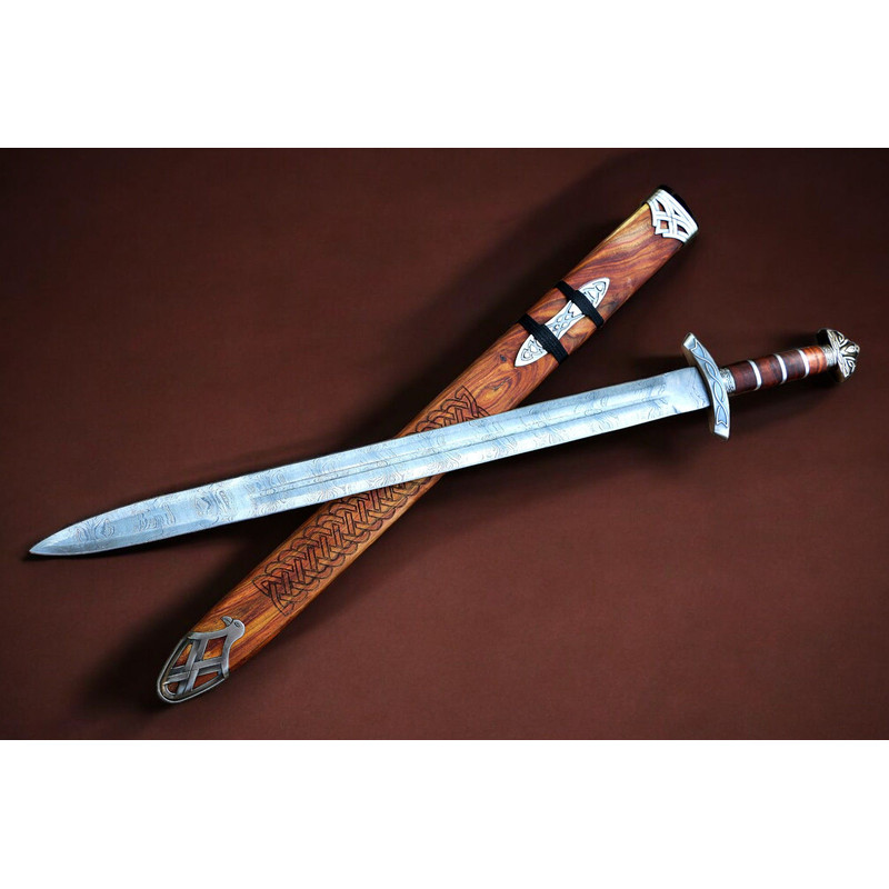 North American Knives Viking Pattern High Carbon Damascus Handmade Steel Sword With Ornate Wooden S