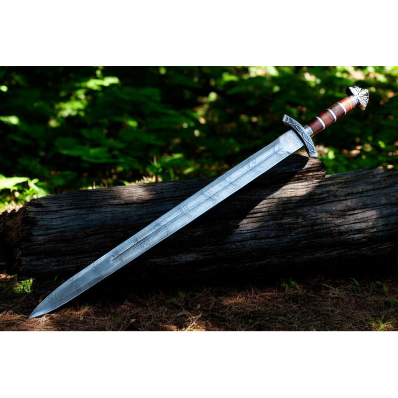 North American Knives Viking Pattern High Carbon Damascus Handmade Steel Sword With Ornate Wooden S