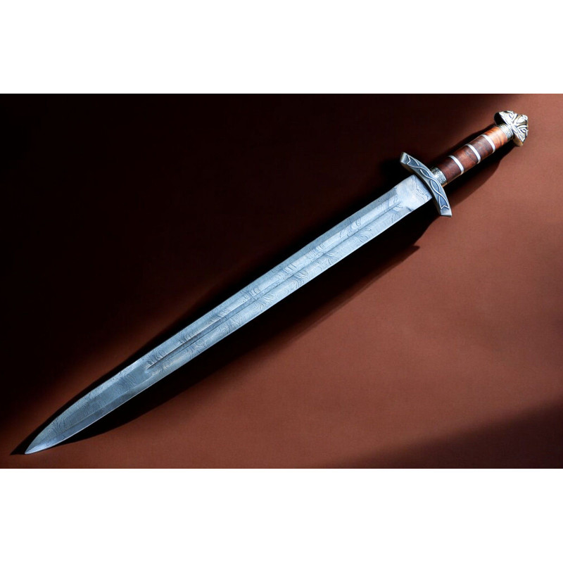 North American Knives Viking Pattern High Carbon Damascus Handmade Steel Sword With Ornate Wooden S