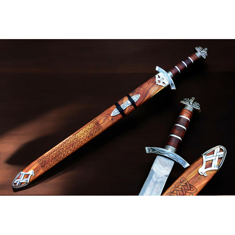 North American Knives Viking Pattern High Carbon Damascus Handmade Steel Sword With Ornate Wooden S