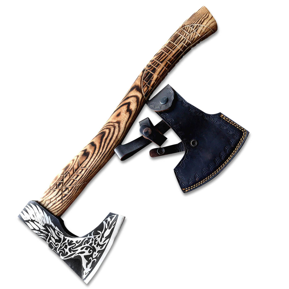 North American Knives Custom Viking Axe HandForged Carbon Steel Blade With Intricate Etching Wood 0