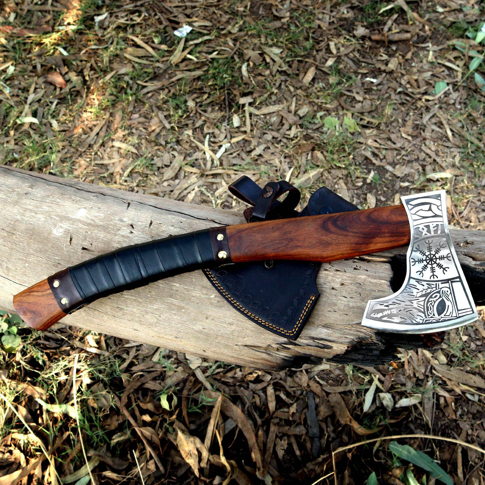 North American Knives Viking Bearded Axe 16HandForged High Carbon Steel Blade Carved Handle Funct 2