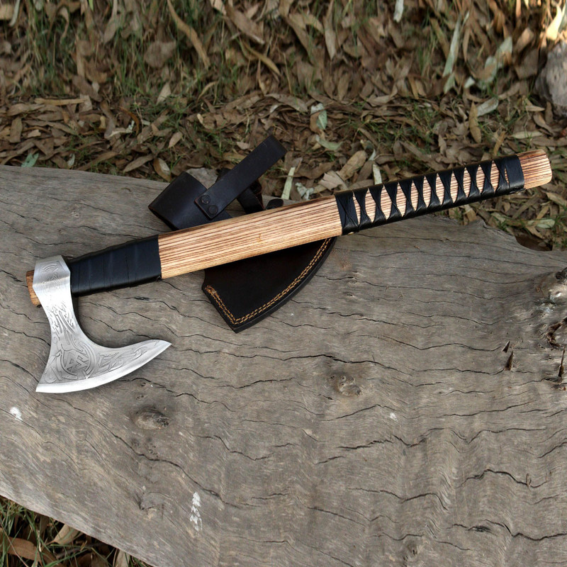 North American Knives 18 HandForged Viking Axe Engraved HighCarbon Steel Blade With Ash Wood Han 1