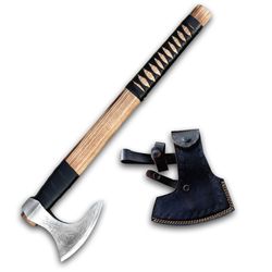 north american knives – 18" | hand-forged viking axe | engraved high-carbon steel blade with ash wood handle & sheath