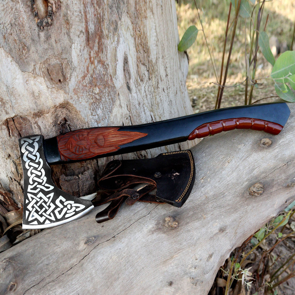 North American Knives17 Inches Handmade Viking Axe With Carved Wooden HandleCeltic Knotwork Blade W 1