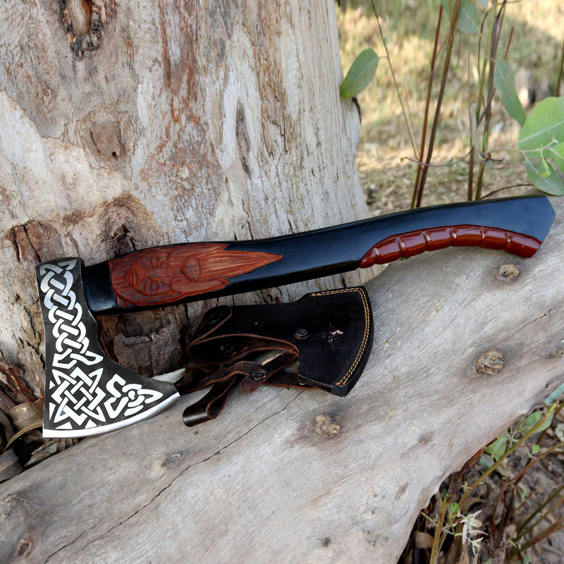 North American Knives17 Inches Handmade Viking Axe With Carved Wooden HandleCeltic Knotwork Blade W 1
