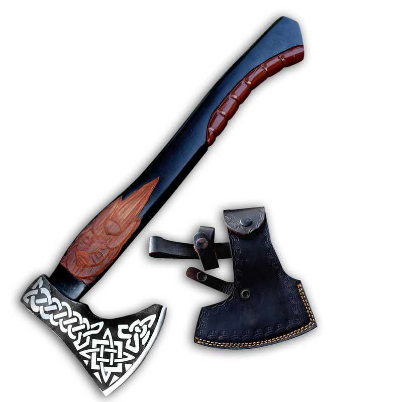 North American Knives17 Inches Handmade Viking Axe With Carved Wooden HandleCeltic Knotwork Blade W 0
