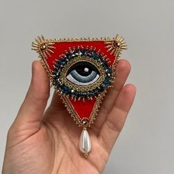 All Seeing Eye Triangle Evil Eye Brooch With Seashell Pearl Protection Amulet Handmade Gift