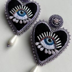 Natural Seashell Pearl Evil Eye Earrings Purple Lovers Eye Beaded Earrings Embroidered American Style Unique Earring