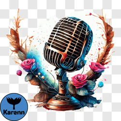 Vintage Microphone with Roses PNG Design 145
