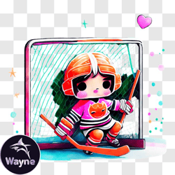 Happy Cartoon Hockey Player with Puck and Orange Goalie Net PNG Design 128