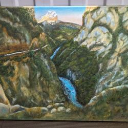 Oil painting with the Caucasus Mountains of Kabardino-Balkaria Cherek Gorge. Canvas on stretcher, 20x16 inches