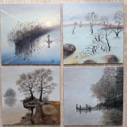 Original oil painting, landscape with fog on water - set of 4 pieces. 8x8 inches