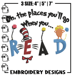 oh places you'll go when you read embroidery design, dr seuss embroidery, embroidery file, digital download.