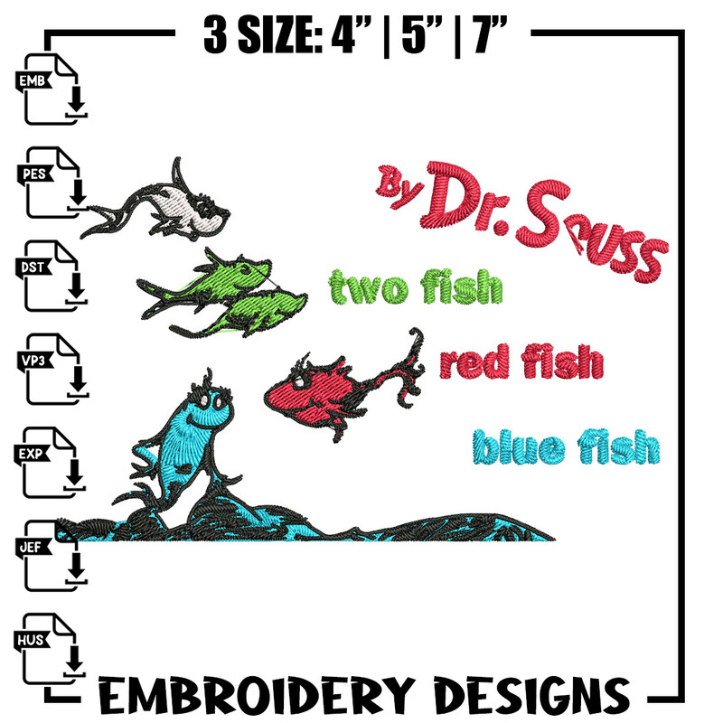 One fish two fish, blue fish red fish Embroidery Design, Dr seuss Embroidery, Embroidery File, Digital download.jpg