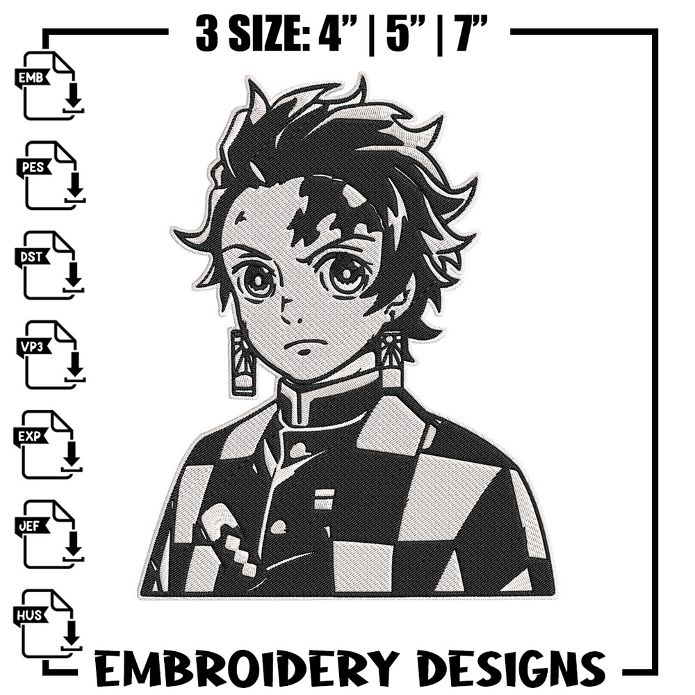 Tanjiro black white Embroidery Design, Demon slayer Embroidery, Embroidery File, Anime Embroidery, Digital download.jpg