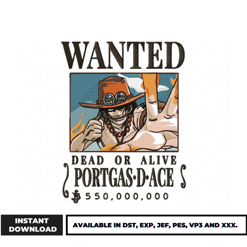Ace one piece wanted embroidery design
