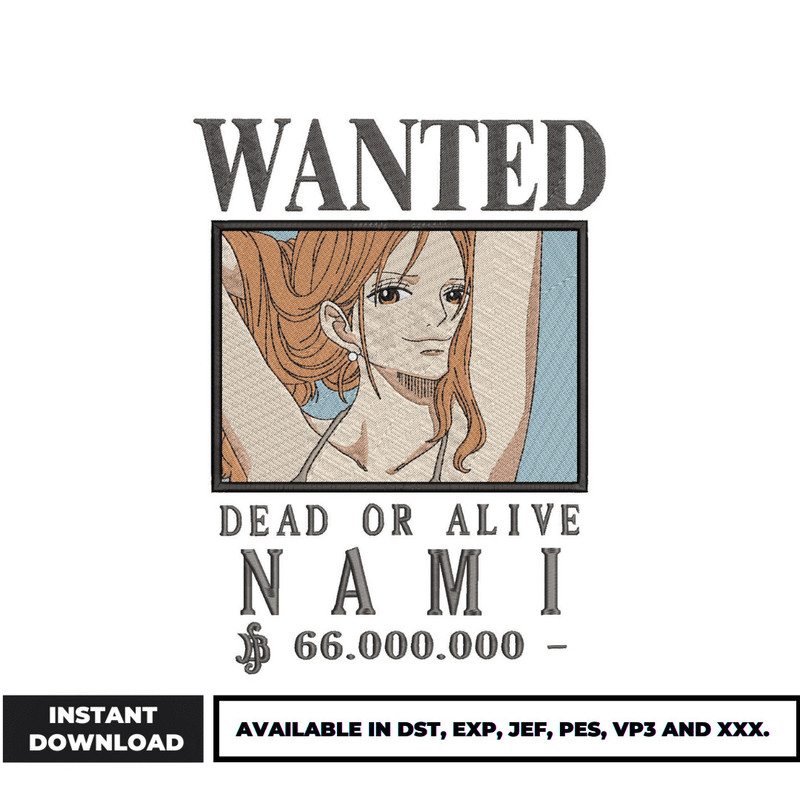 Nami one piece wanted embroidery design