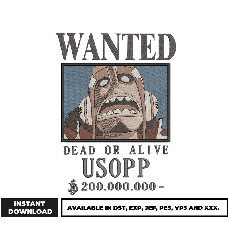 Usopp one piece wanted embroidery design