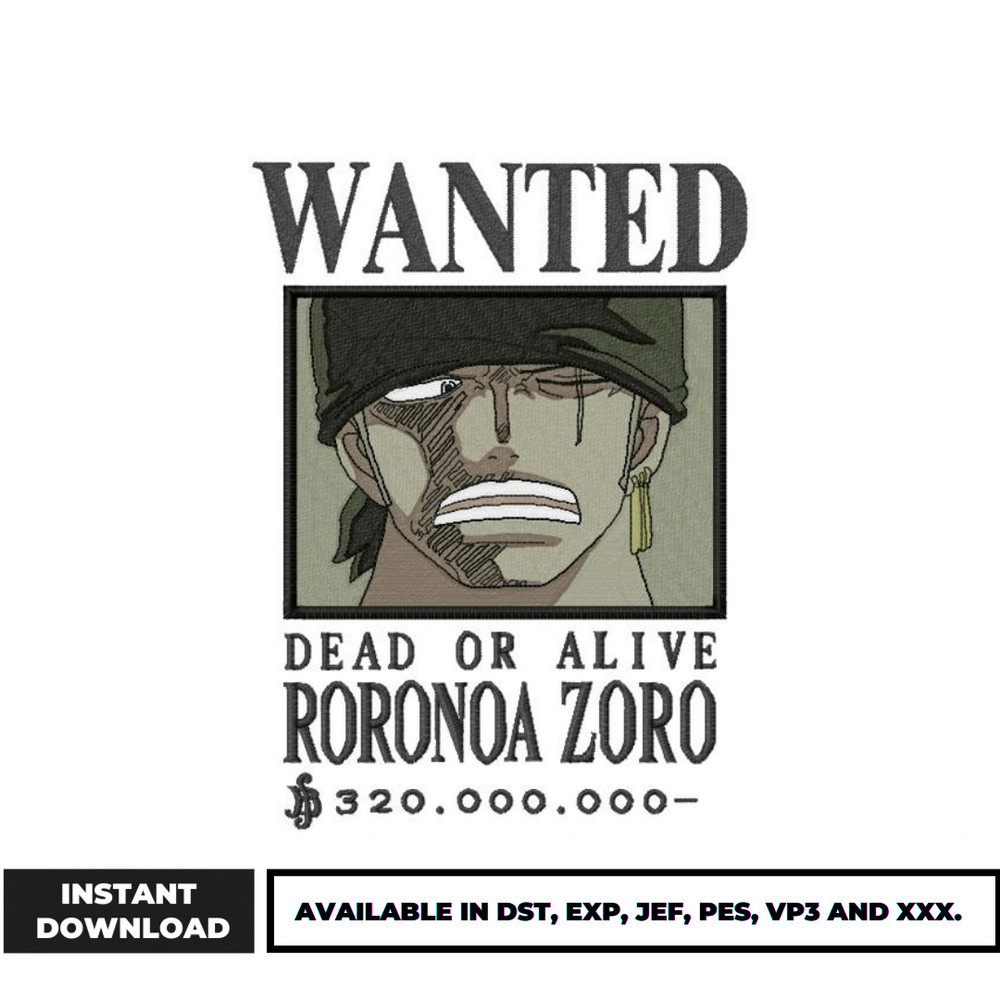 Wanted zoro embroidery design