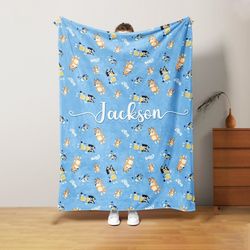 personalized bluey blanket, bluey family soft cozy sherpa fleece throw blankets, bluey birthday blanket, bluey mom & dad