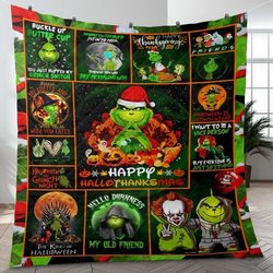 the grinch happy hallothanksmas premium fleece blanket, the grinch fleece blanket, how the grinch stole christmas 2023 f