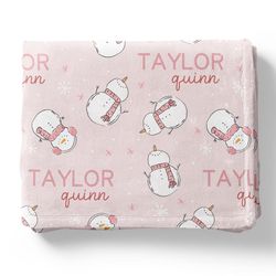 personalized pink snowman blanket for kids, custom name blanket for kids, christmas blanket with name, kids name blanket