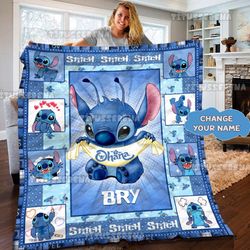 personalized stitch and lilo blanket, cute stitch blanket, stitch quilt, custom kid name blanket, personalized kid name