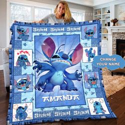 personalized stitch and lilo blanket, cute stitch blanket, stitch quilt, custom kid name blanket, personalized kid name