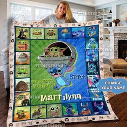 personalized stitch baby yoda grogu quilt blanket, stitch yoda blanket star wars baby yoda birthday gifts baby yoda ch