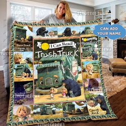 personalized trash truck quilt blanket, trash truck fleece blanket, netflix series trash truck birthday gifts, trash tru