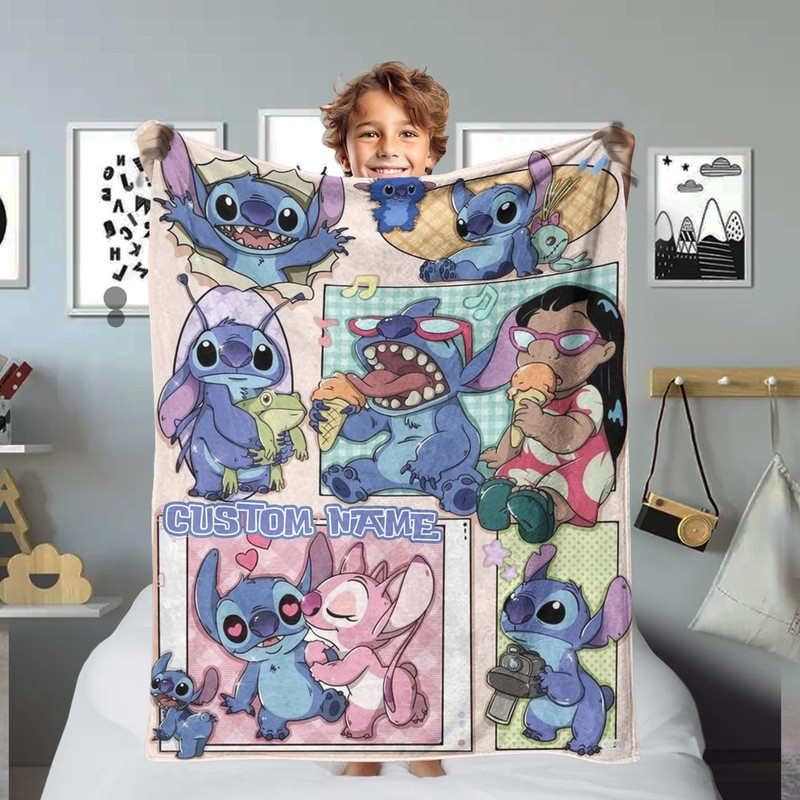 Blue Dog Blanket, Custom Name Cartoon Characters Fleece Blanket, Birthday Gift For Family, Cartoon Quilt Bedding.jpg