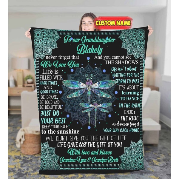 Personalized To My Granddaughter Dragonfly Fleece Sherpa Blanket Birthday Gifts From Grandma For Granddaughter Christmas blanket with name.jpg
