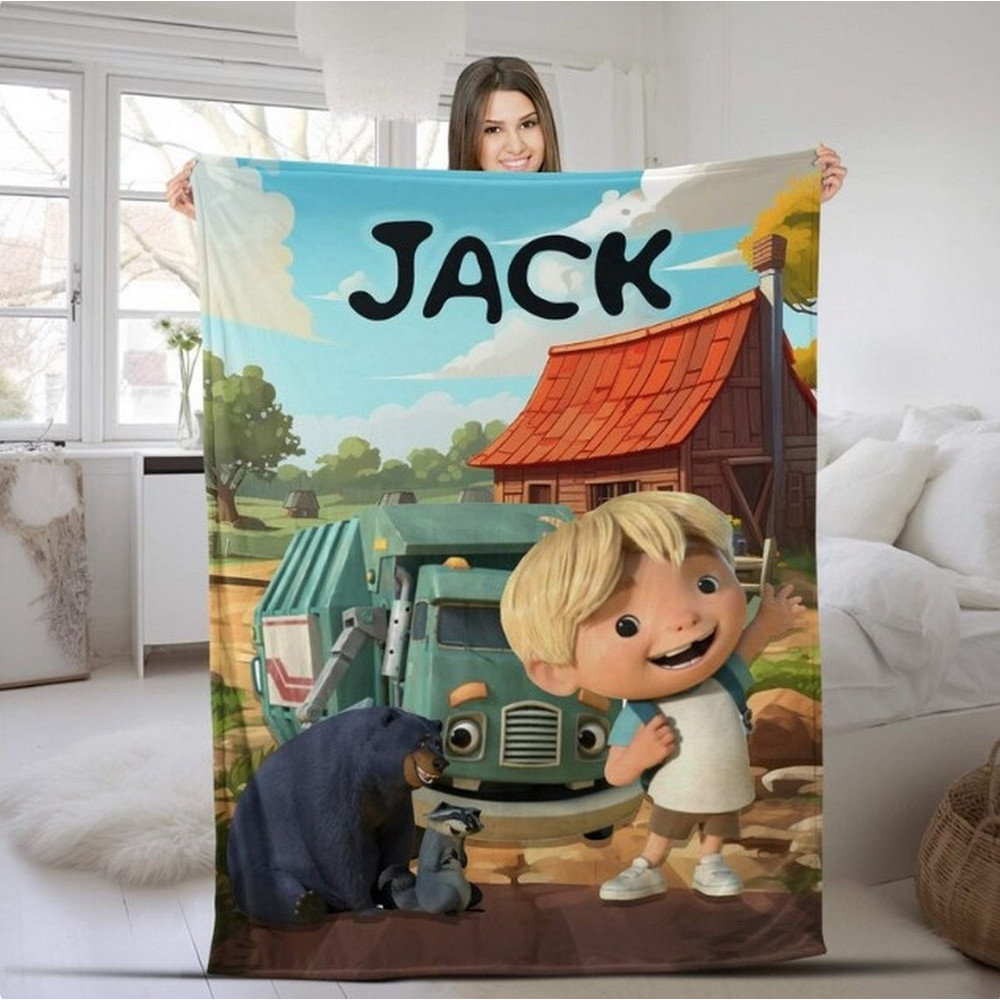 Personalized Trash Truck Blanket, Trash Truck Birthday Blanket, Custom Name Blankets, Birthday Boy Girl Gift, Trash Truck Theme Party.jpg
