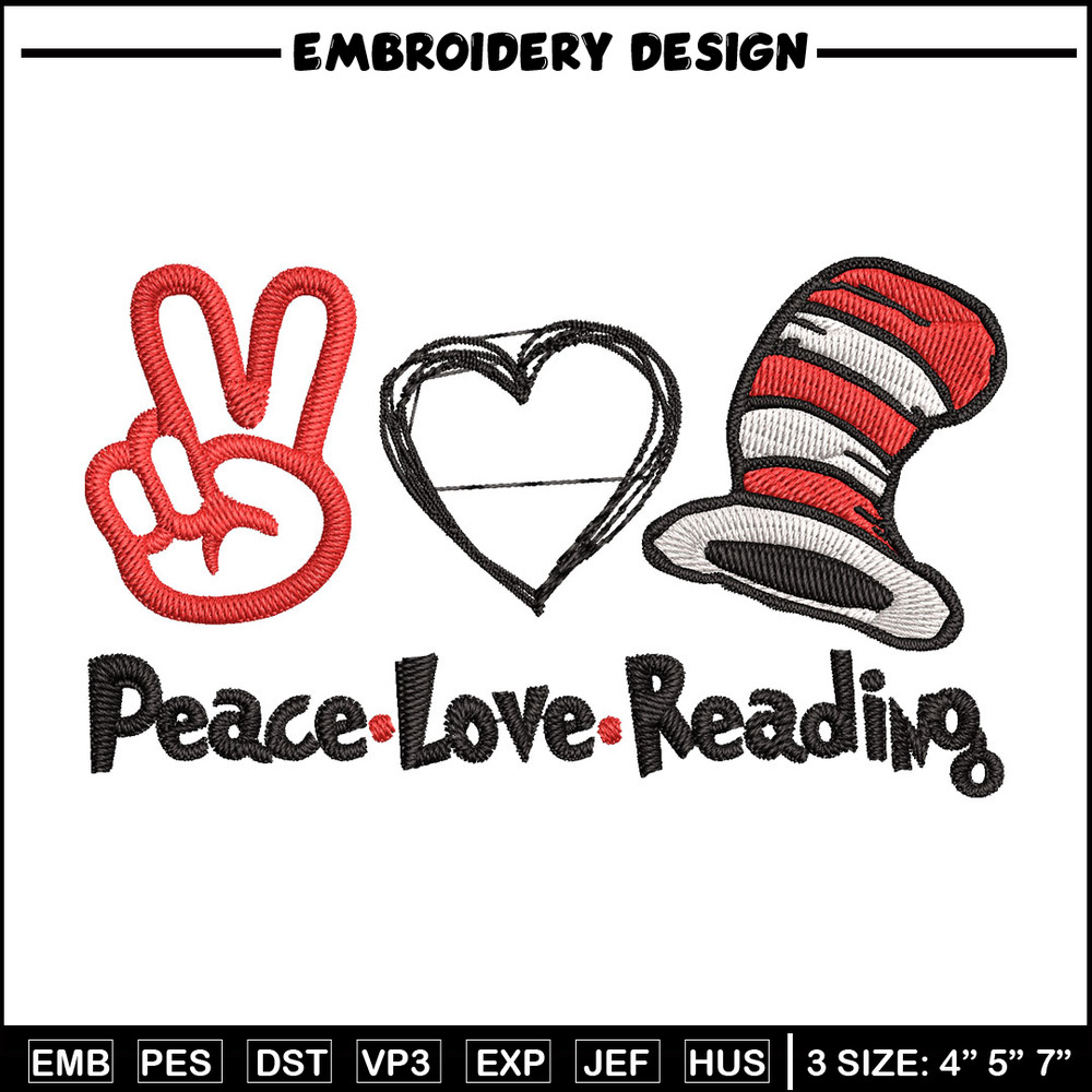 Peace Love Reading Embroidery Design, Embroidery File, logo Embroidery, logo shirt, Embroidery design, Digital download..jpg