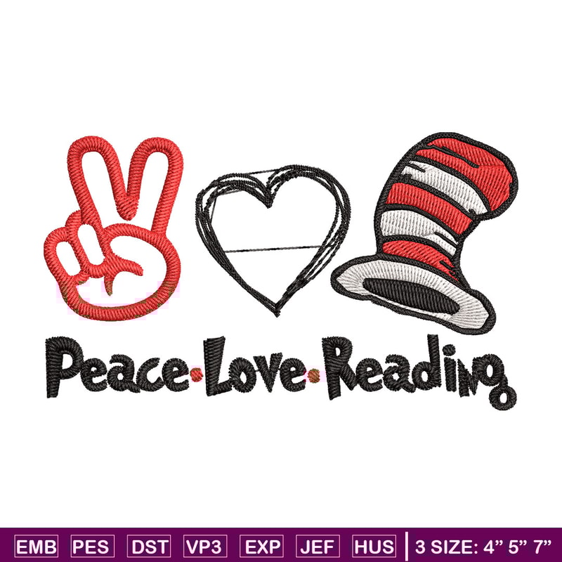 Peace Love Reading Embroidery Design, Embroidery File, logo Embroidery, logo shirt, Embroidery design, Digital download..jpg
