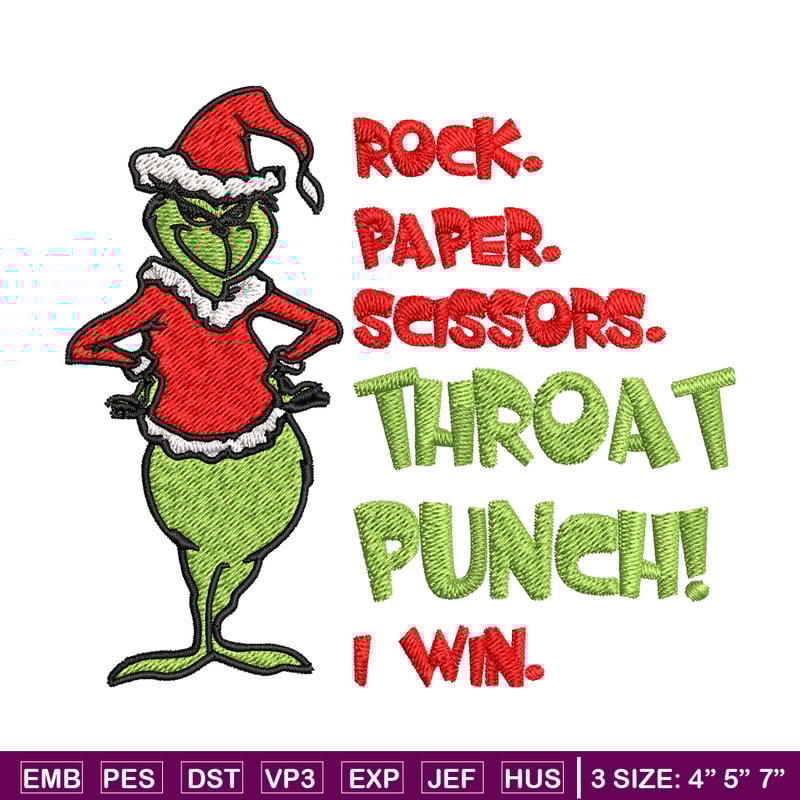 Rock Paper Scissors Throat Punch Grinch Embroidery design, Grinch Christmas Embroidery, Grinch design, Digital download.jpg
