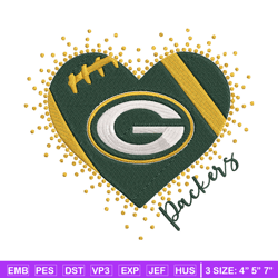 Green Bay Packers Heart embroidery design, Packers embroidery, NFL embroidery, logo sport embroidery, embroidery design.