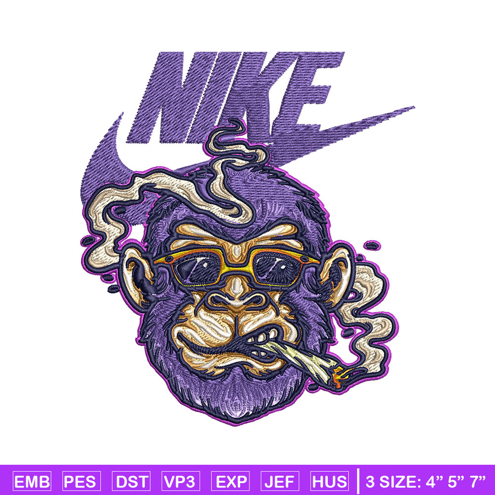 Monkey head smoking Nike Embroidery design, Monkey Embroidery, Nike design, Embroidery file, Instant download..jpg