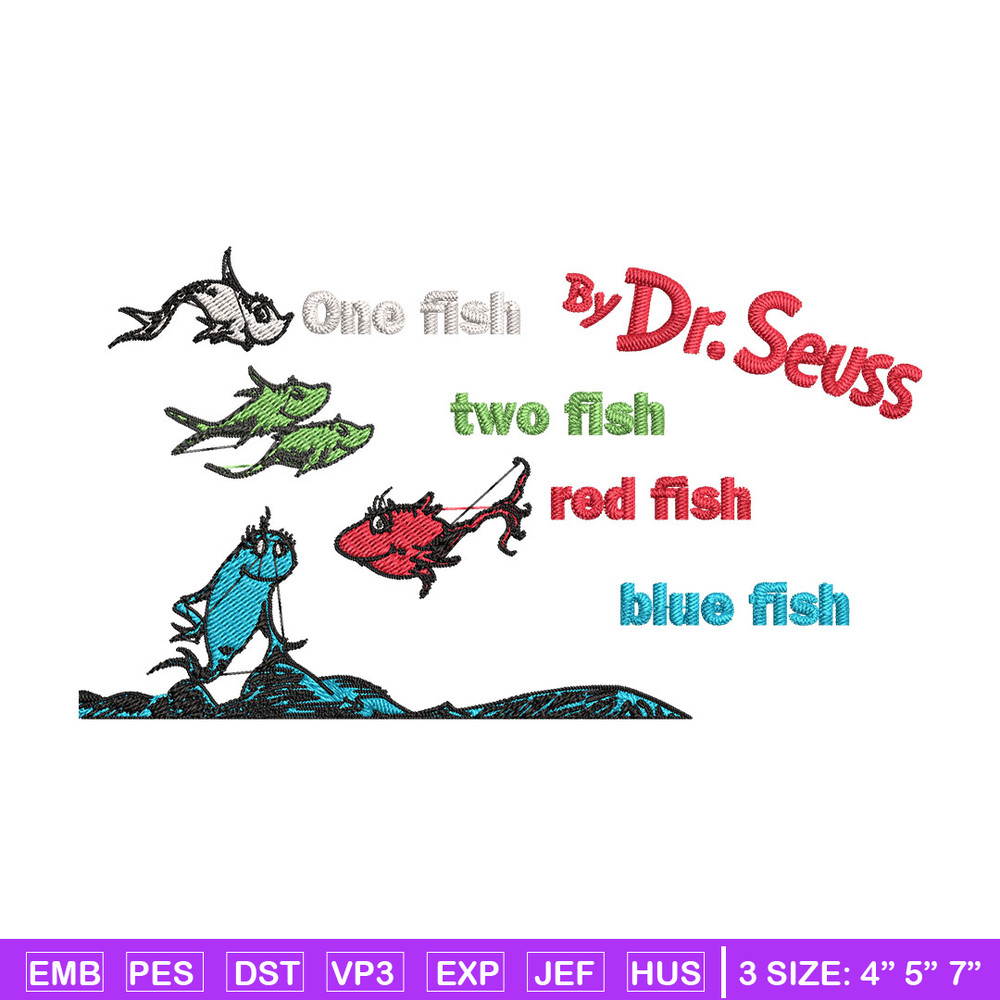 One fish two fish, blue fish red fish Embroidery Design, Dr seuss Embroidery, Embroidery File, Digital download..jpg