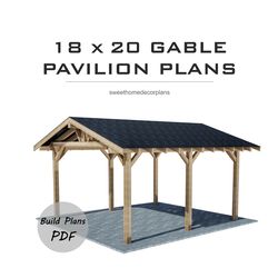18 x 20 gable pavilion plans for DIY. Detached carport plans. Wooden gazebo plans. Timber frame backyard pavilion plans