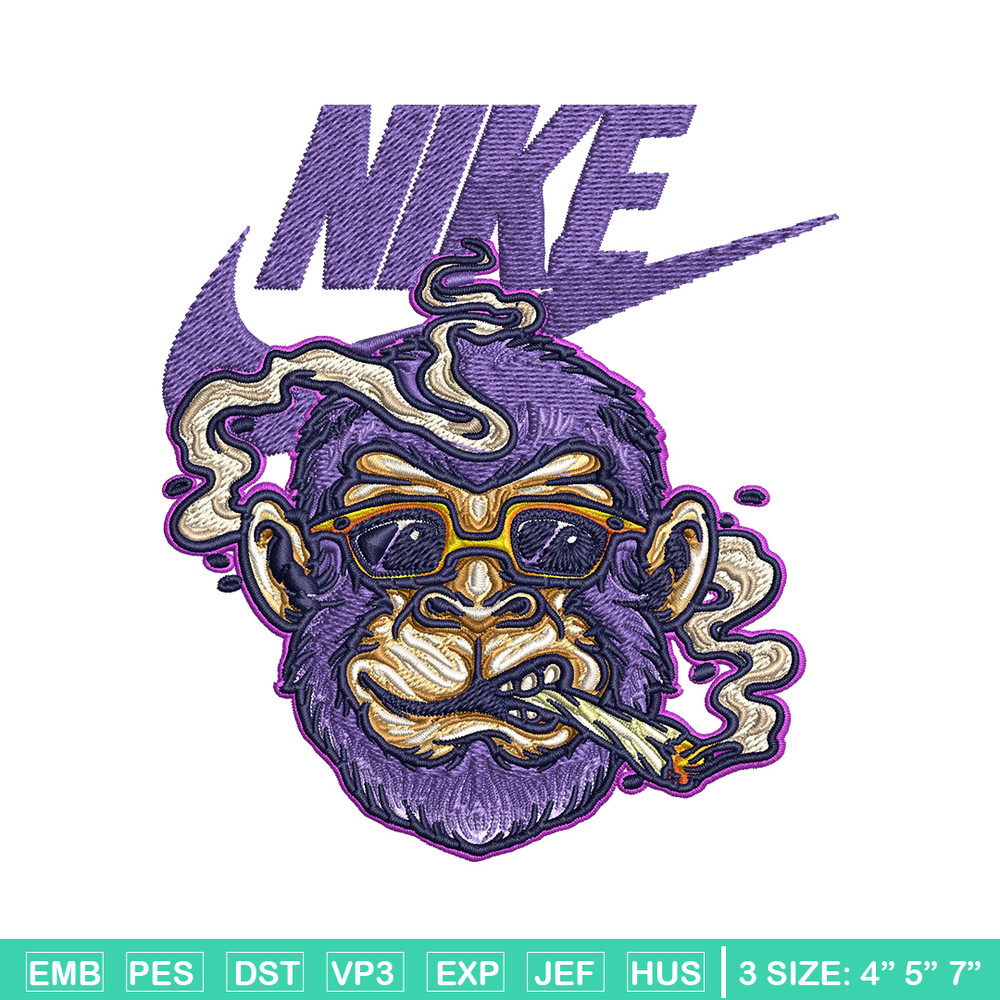 Monkey head smoking Nike Embroidery design, Monkey Embroidery, Nike design, Embroidery file, Instant download..jpg