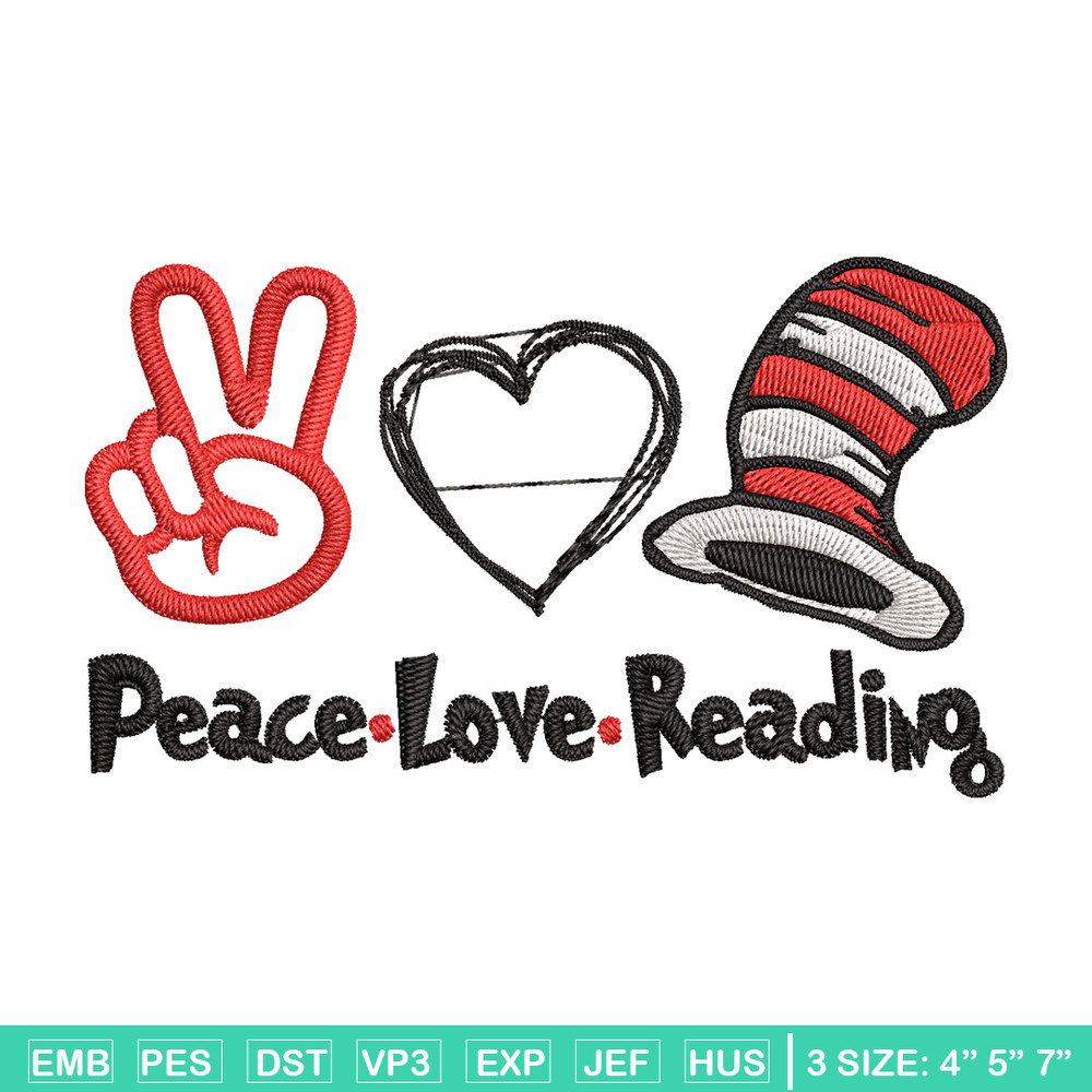 Peace Love Reading Embroidery Design, Embroidery File, logo Embroidery, logo shirt, Embroidery design, Digital download..jpg