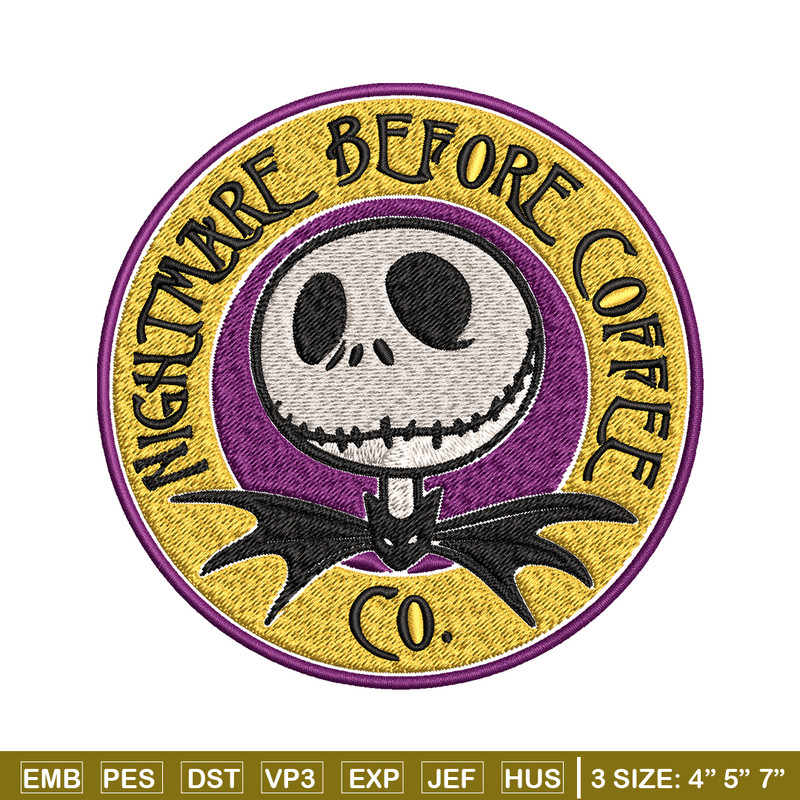Nightmare before coffee Embroidery design, jack skellington Embroidery, Embroidery File, Horror design, Digital download.jpg