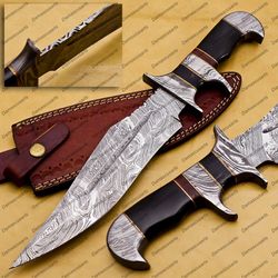 Personalized Custom Forged Hunter Knife Damascus Steel Bowie Knife Handle Tali Wood With Leather Sheath
