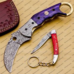 Personalized Damascus Folding Pocket knife Karambit Knife Hunting knife Handle Wood With Free Damascus Keychain knife