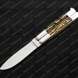 440c Original Filipino Balisong Butterfly Knife Brass with Deer Horn Inserts