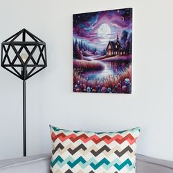 lake view on full moon cross stitch pattern,landscape cross stitch lake and house view on, full moon in forest embroider