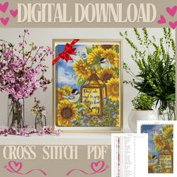 bird and sunflower - cross stitch pattern pdf-digital download