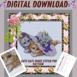 adorable kittens under purple hat cross stitch pattern - perfect for cat lovers!